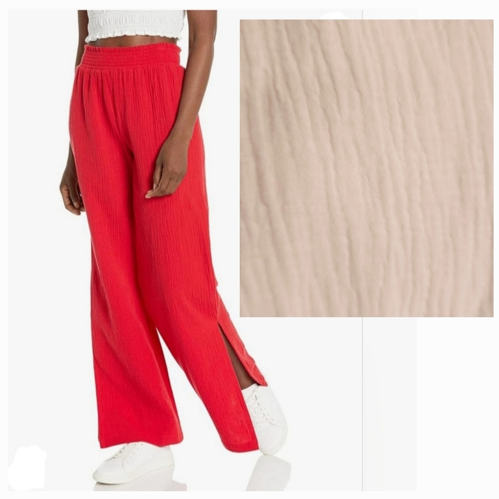 MONROW high waisted wide leg gauze pants w/side slit in Red --Size Medium